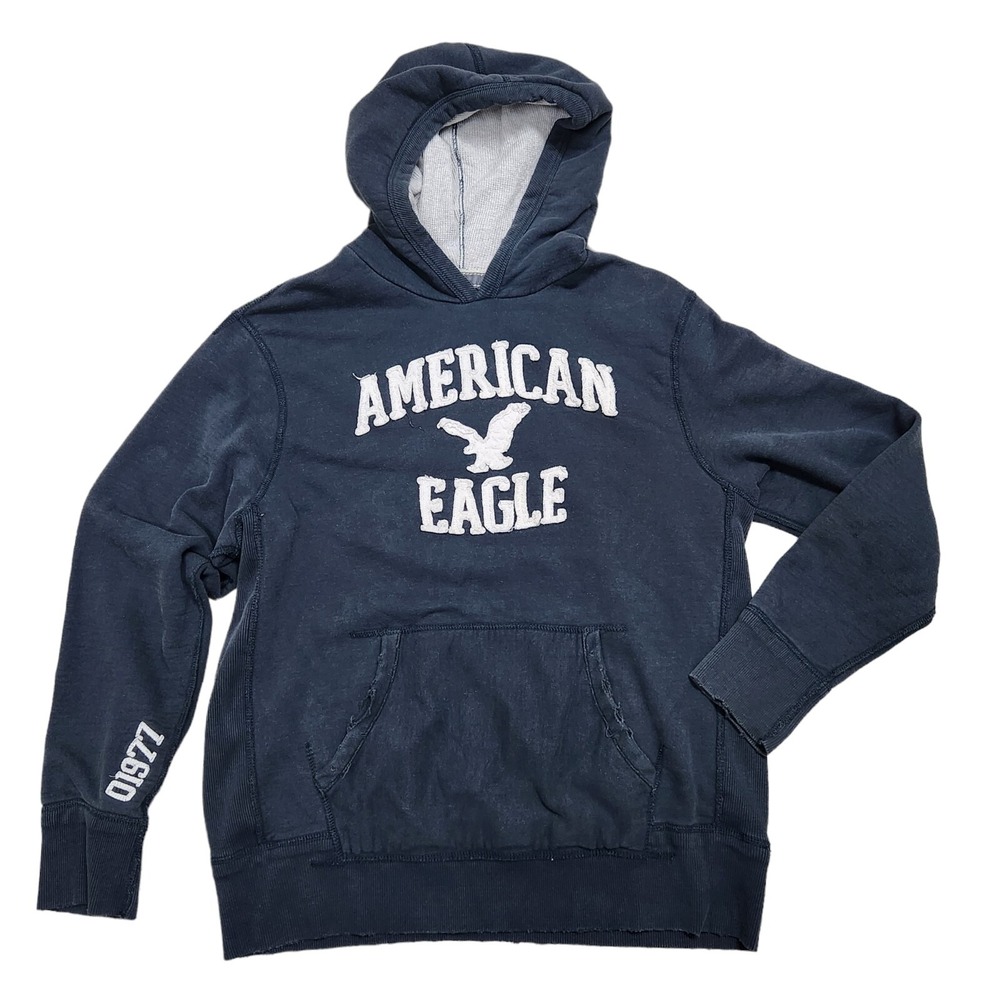 VTG Y2K American Eagle AEO Classic OG Hoodie Pullover 3D Fabric Logo Mens L Blue